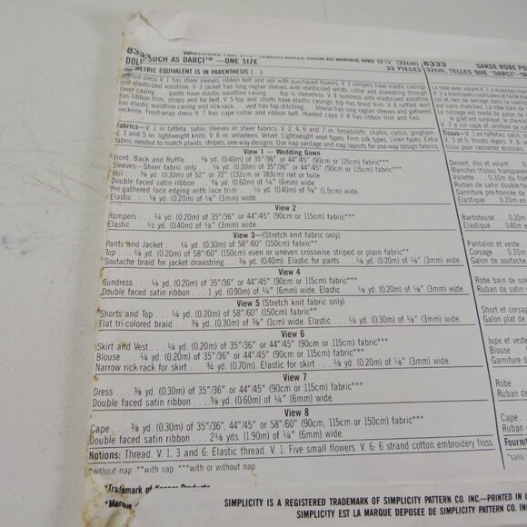 Simplicity 8333 Sewing Pattern 11.5 & 12.5" tall Doll Clothes INCOMPLETE see all - Picture 11 of 16